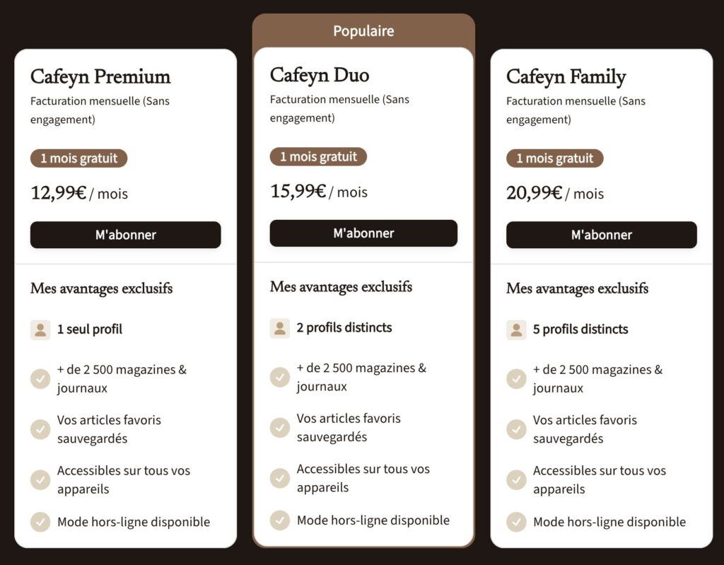 Les offres Cafeyn hors partenariat (avec Free par exemple). Les offres Cafeyn hors partenariat (avec Free par exemple).