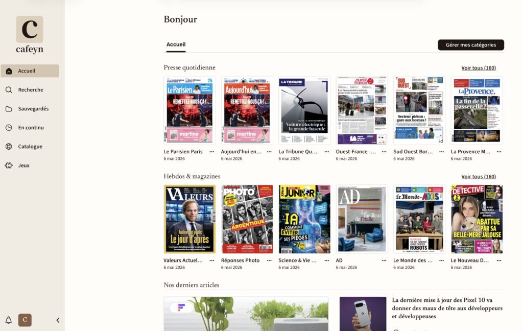 L'interface de Cafeyn sur le web en mai 2026. L'interface de Cafeyn sur le web en mai 2026.