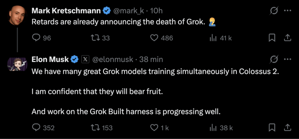 Elon Musk a réagi à des tweets sur la mort de Grok. Elon Musk a réagi à des tweets sur la mort de Grok.