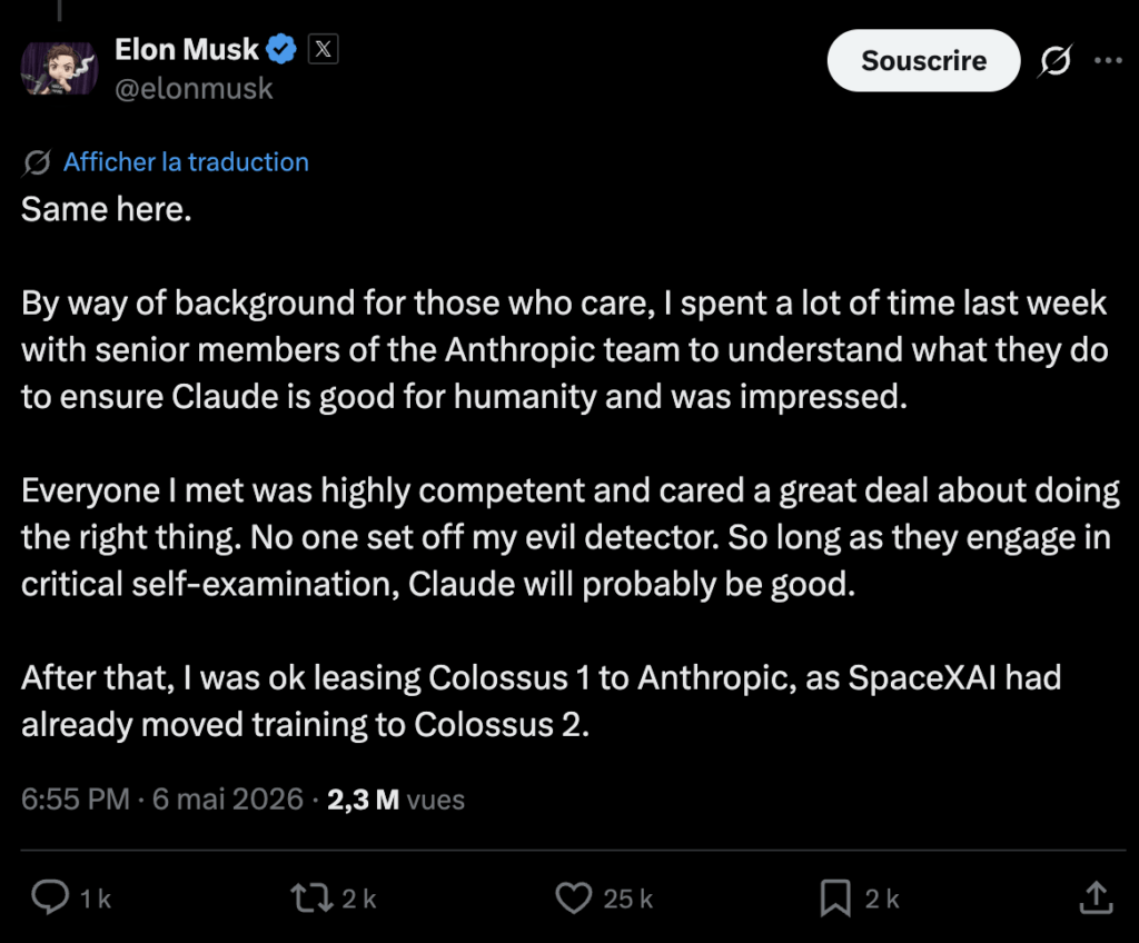 Elon Musk explique sa nouvelle amitié avec Anthropic. Elon Musk explique sa nouvelle amitié avec Anthropic.