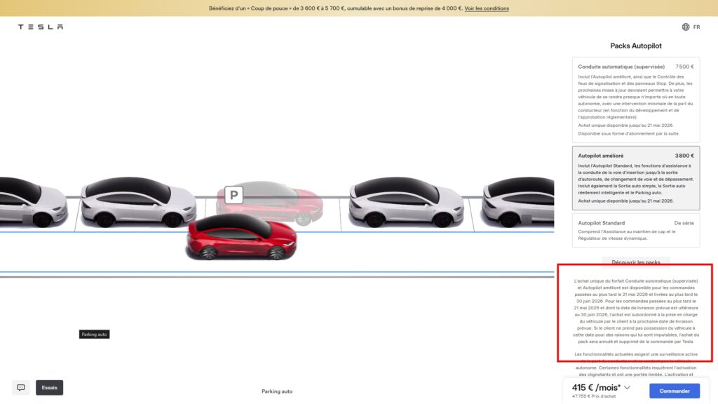Tesla changement sur les packs Autopilot // Source : Capture site Tesla Tesla changement sur les packs Autopilot // Source : Capture site Tesla
