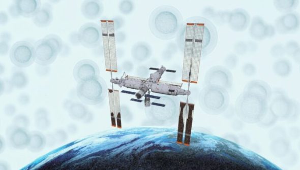 Tiangong. // Source : Wikimedia/Shujianyang ; montage Numerama avec Canva Tiangong. // Source : Wikimedia/Shujianyang ; montage Numerama avec Canva