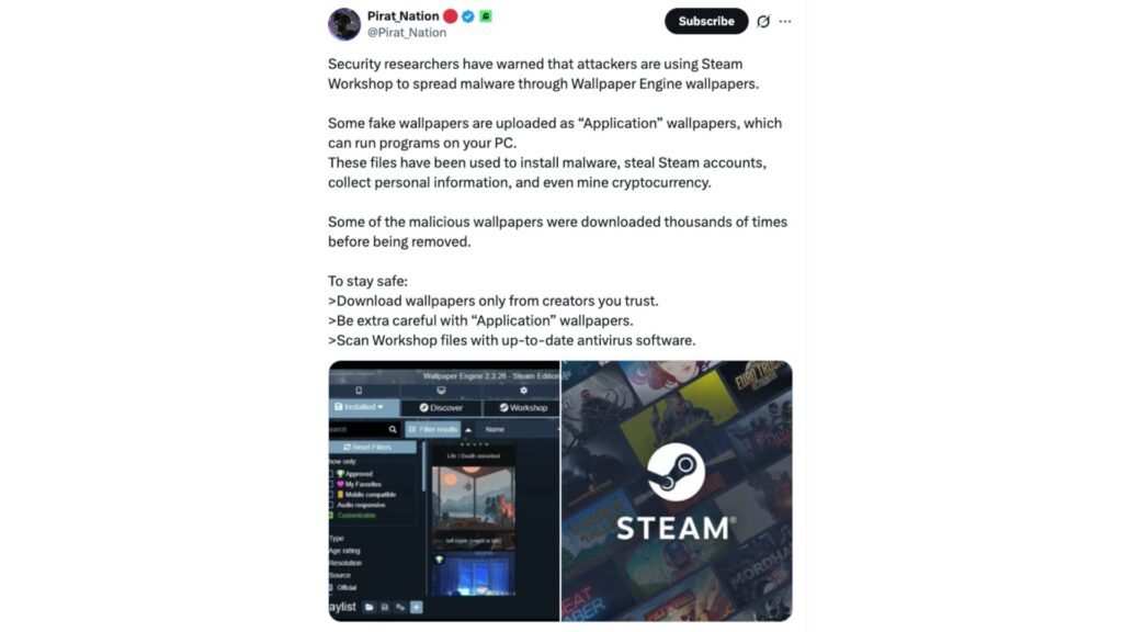 Des fonds d’écran animés diffusés sur le Steam Workshop ont servi à installer des malwares via Wallpaper Engine // Source : @Pirat_Nation sur X Des fonds d’écran animés diffusés sur le Steam Workshop ont servi à installer des malwares via Wallpaper Engine // Source : @Pirat_Nation sur X