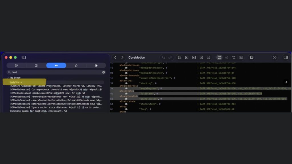 Le framework iOS 27 fait référence à « foldState » et « angleDegrees », // Source : @samhenrigold sur X