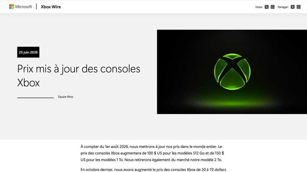 Microsoft a annoncé une nouvelle hausse du prix des Xbox à compter du 1er août 2026. // Source : Capture d'écran Numerama Microsoft a annoncé une nouvelle hausse du prix des Xbox à compter du 1er août 2026. // Source : Capture d'écran Numerama
