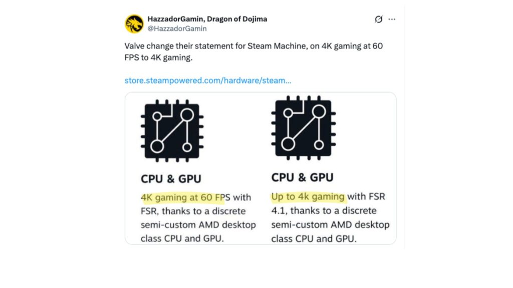Valve a changé la promesse de 4K à 60 FPS. // Source : @HazzadorGamin sur X Valve a changé la promesse de 4K à 60 FPS. // Source : @HazzadorGamin sur X