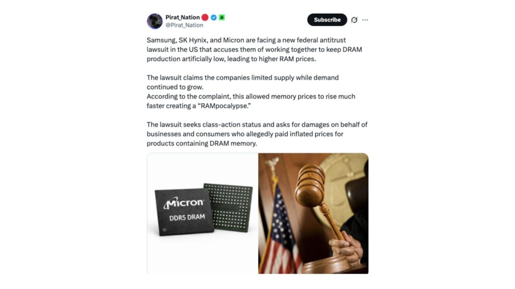 Samsung, SK Hynix et Micron sont visés par une action collective aux États-Unis.  // Source : @Pirat_Nation sur X