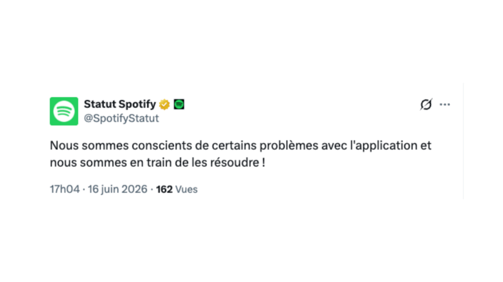 Spotify a annoncé travailler sur ces dysfonctionnements. // Source : Capture d'écran Numerama Spotify a annoncé travailler sur ces dysfonctionnements. // Source : Capture d'écran Numerama