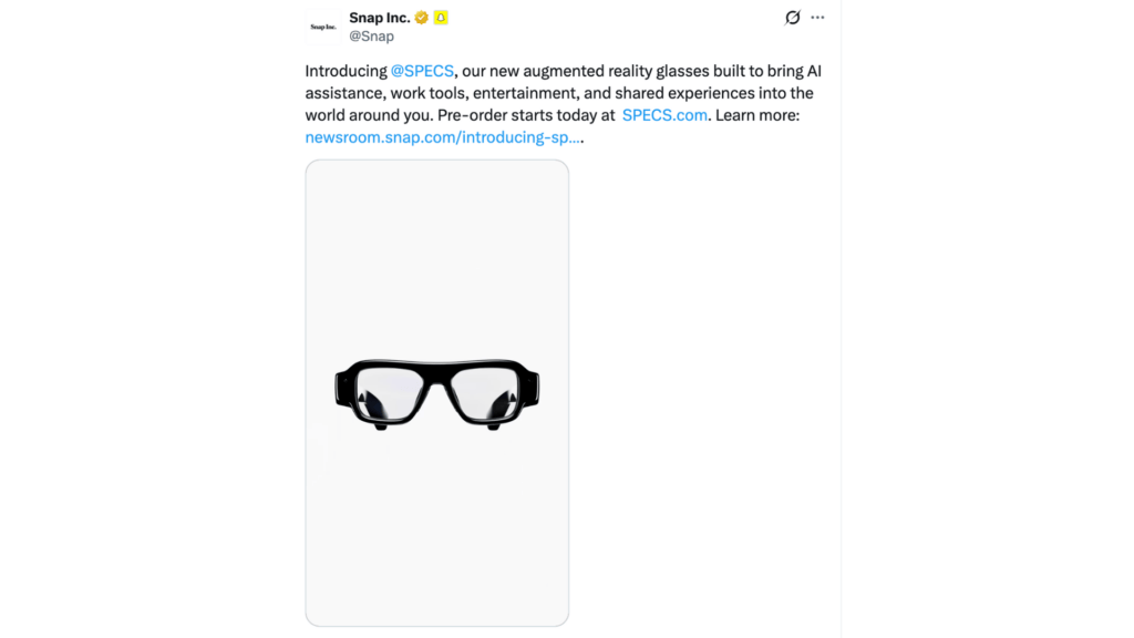 Snap a annoncé le lancement des Specs le 16 juin 2026. // Source : @Snap sur X Snap a annoncé le lancement des Specs le 16 juin 2026. // Source : @Snap sur X
