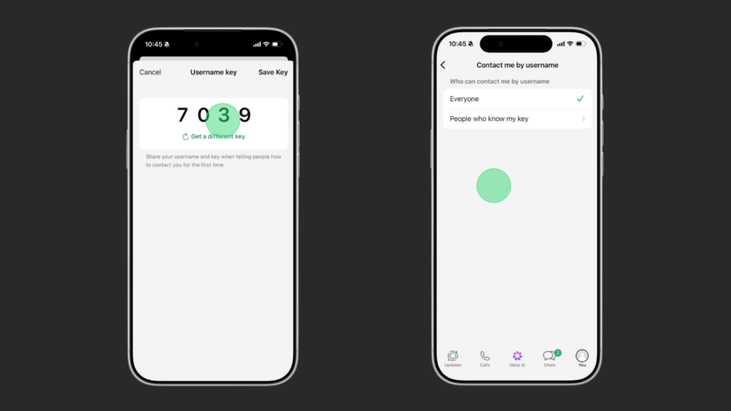 Vous pourrez choisir de n'accepter que les messages de personnes ayant votre clé de nom d'utilisateur. // Source : WhatsApp / Montage Numerama Vous pourrez choisir de n'accepter que les messages de personnes ayant votre clé de nom d'utilisateur. // Source : WhatsApp / Montage Numerama