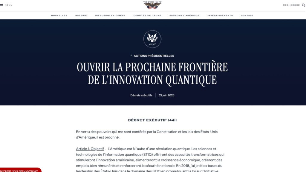 Le premier décret, baptisé « ouvrir la prochaine frontière de l'innovation quantique ». // Source : Capture d'écran Numerama Le premier décret, baptisé « ouvrir la prochaine frontière de l'innovation quantique ». // Source : Capture d'écran Numerama