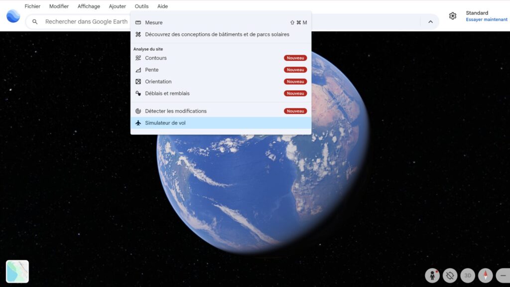 Rendez-vous sur Google Earth depuis votre navigateur // Source : Capture d'écran Numerama Rendez-vous sur Google Earth depuis votre navigateur // Source : Capture d'écran Numerama