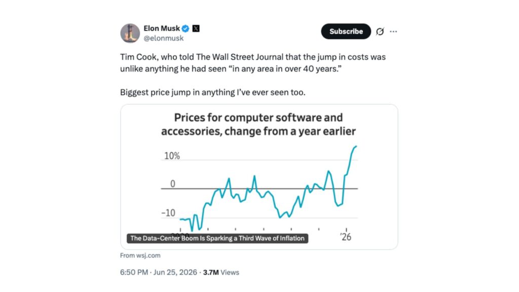 Elon Musk a relayé les déclarations de Tim Cook sur X. // Source : Capture d'écran Numerama Elon Musk a relayé les déclarations de Tim Cook sur X. // Source : Capture d'écran Numerama