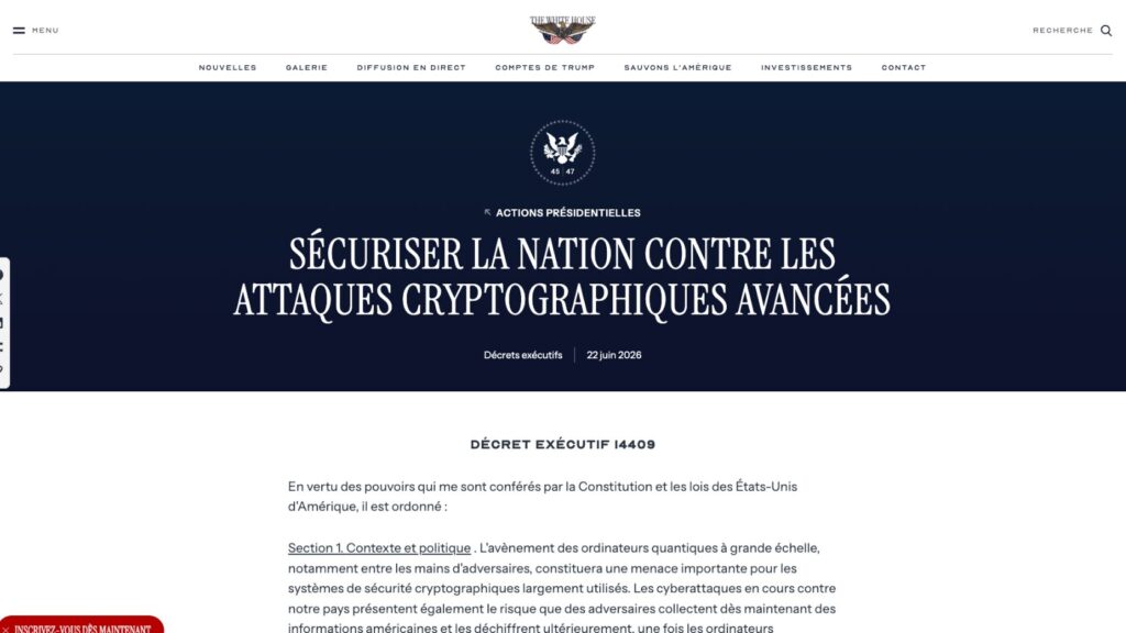 Le second décret, baptisé « Sécuriser la nation contre les attaques cryptographiques avancées » // Source : Capture d'écran Numerama Le second décret, baptisé « Sécuriser la nation contre les attaques cryptographiques avancées » // Source : Capture d'écran Numerama