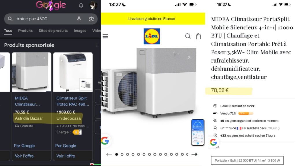 Des offres frauduleuses de clims mobiles sont sponsoriées sur Google.  // Source : @ced_ric___ sur X