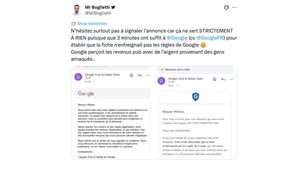 Un autre utilisateur indique avoir signalé l’annonce à Google, sans succès. // Source : @MrBoglietti sur X