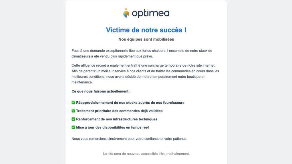 Optimea a volontairement mis son site en maintenance. // Source : Capture d'écran Numerama Optimea a volontairement mis son site en maintenance. // Source : Capture d'écran Numerama