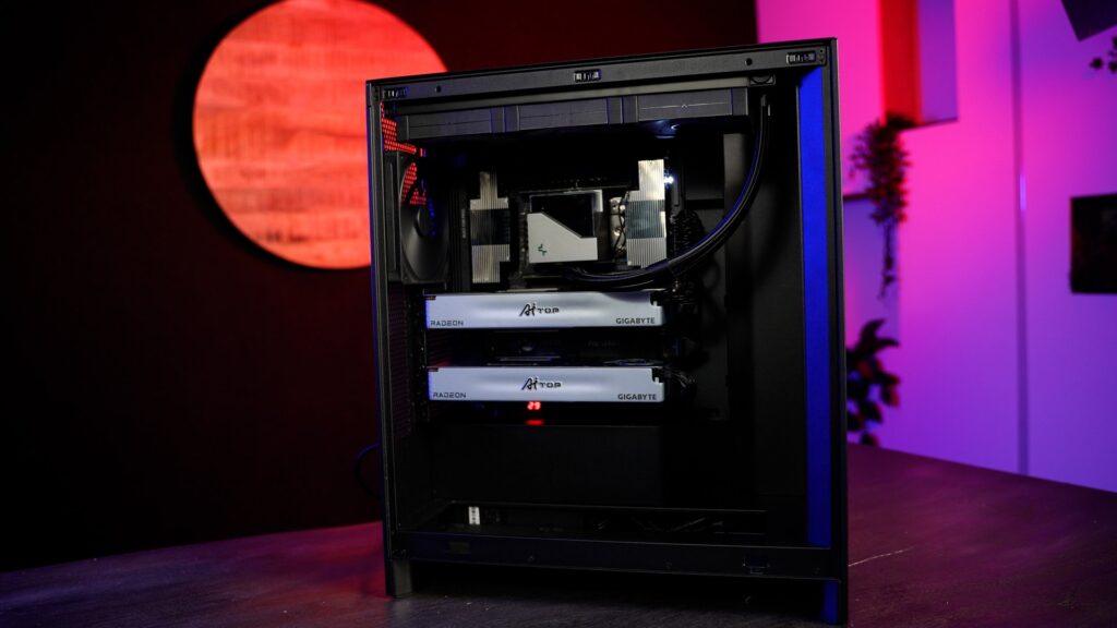 Voici la fameuse tour à plus de 15000 € : deux GPU dédiées à l'IA, un gros CPU et beaucoup (beaucoup) de RAM. // Source : Alfred Tertais pour Numerama Voici la fameuse tour à plus de 15000 € : deux GPU dédiées à l'IA, un gros CPU et beaucoup (beaucoup) de RAM. // Source : Alfred Tertais pour Numerama