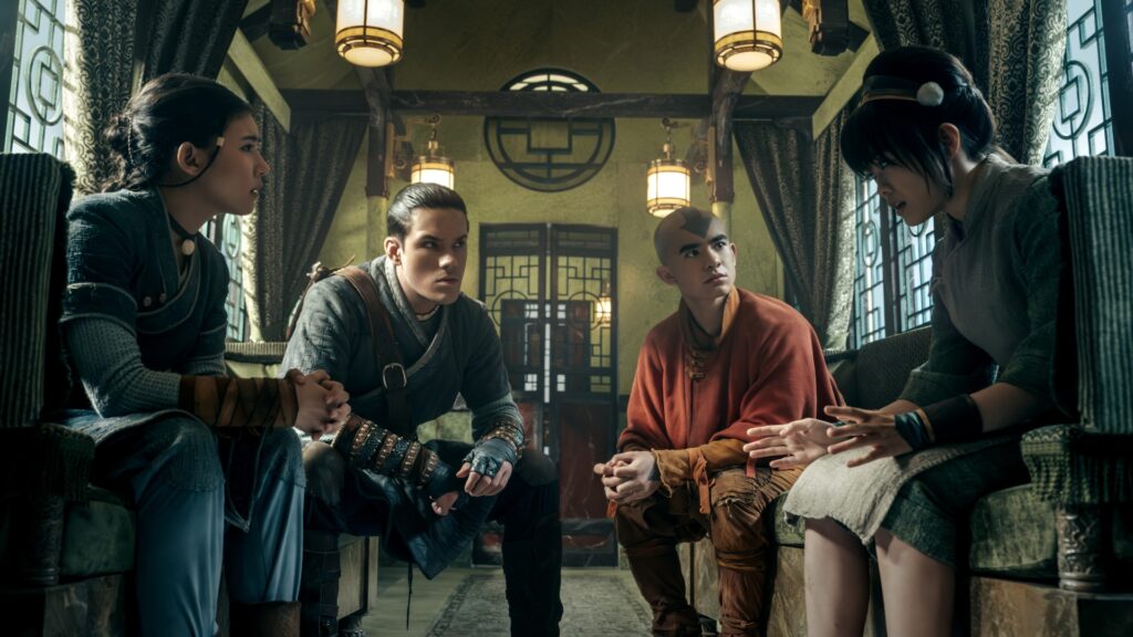 Avatar: The Last Airbender. (L to R) Kiawentiio Tarbell as Katara, Ian Ousley as Sokka, Gordan Cormier as Aang, Miya Cech as Toph in season 2 of Avatar: The Last Airbender. Cr. Katie Yu/Netflix © 2025 Avatar: The Last Airbender. (L to R) Kiawentiio Tarbell as Katara, Ian Ousley as Sokka, Gordan Cormier as Aang, Miya Cech as Toph in season 2 of Avatar: The Last Airbender. Cr. Katie Yu/Netflix © 2025