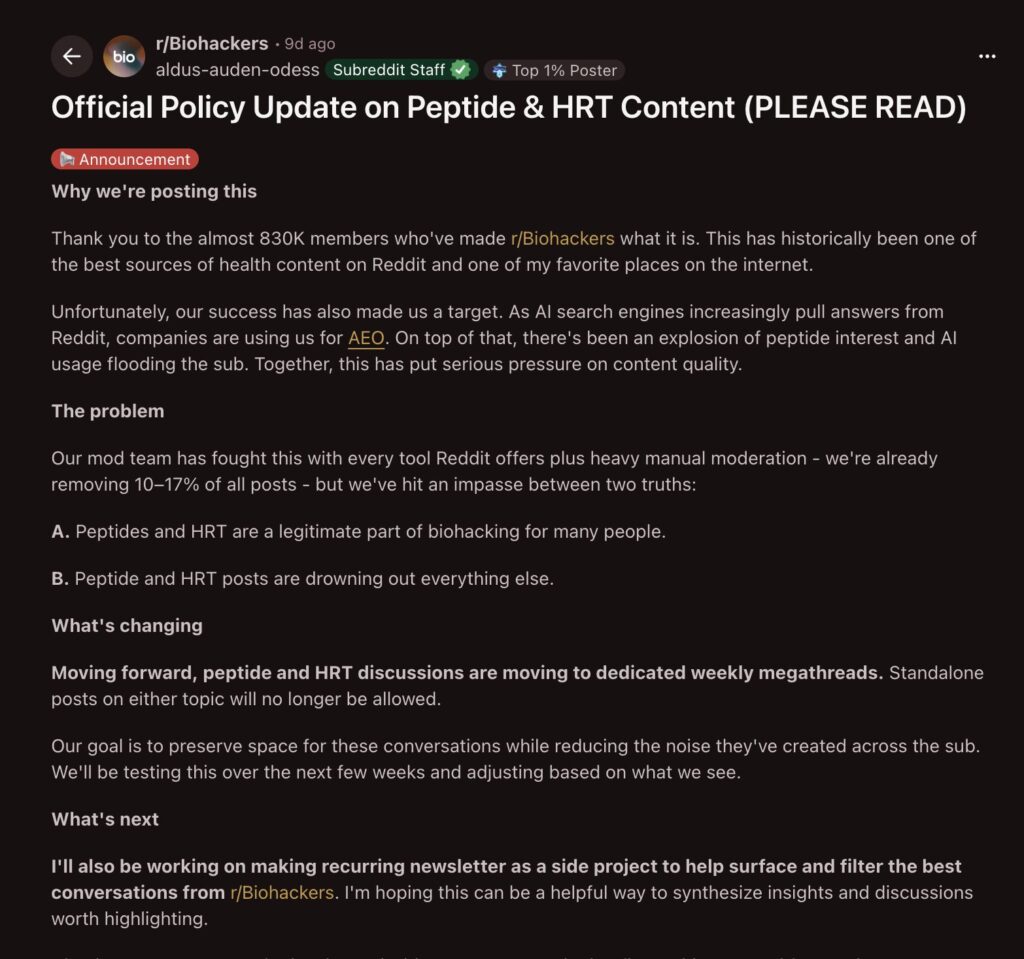 Dans son annonce, le modérateur d’une newsletter récurrente en tant que projet parallèle, afin de faire émerger et filtrer les meilleures discussions de r/Biohackers. // Source : Reddit Dans son annonce, le modérateur d’une newsletter récurrente en tant que projet parallèle, afin de faire émerger et filtrer les meilleures discussions de r/Biohackers. // Source : Reddit