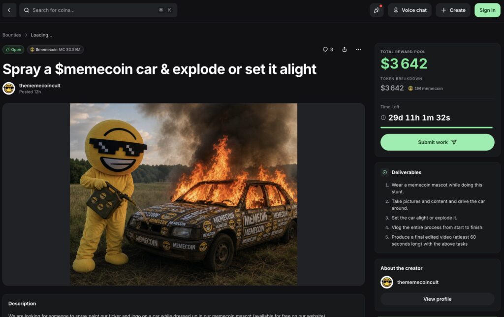 Taguez une voiture $memecoin et faites-la exploser ou mettez-y le feu Taguez une voiture $memecoin et faites-la exploser ou mettez-y le feu