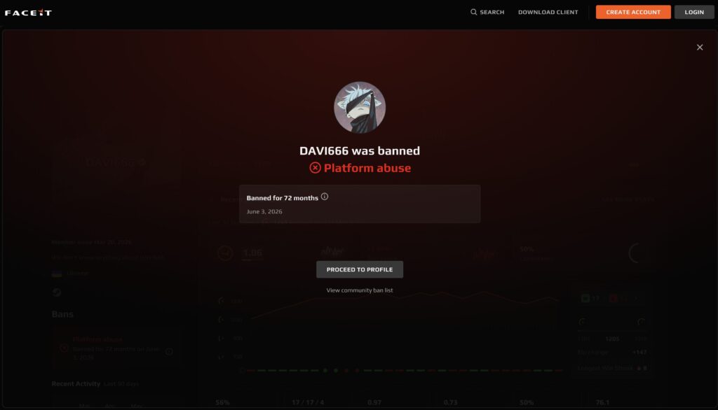 Le compte du jeune joueur est désormais banni sur Faceit Le compte du jeune joueur est désormais banni sur Faceit
