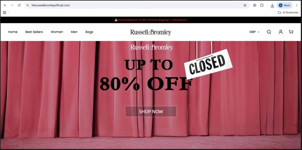 Un faux site web de Russell & Bromley. // Source : The Guardian - Ask Silver Un faux site web de Russell & Bromley. // Source : The Guardian - Ask Silver