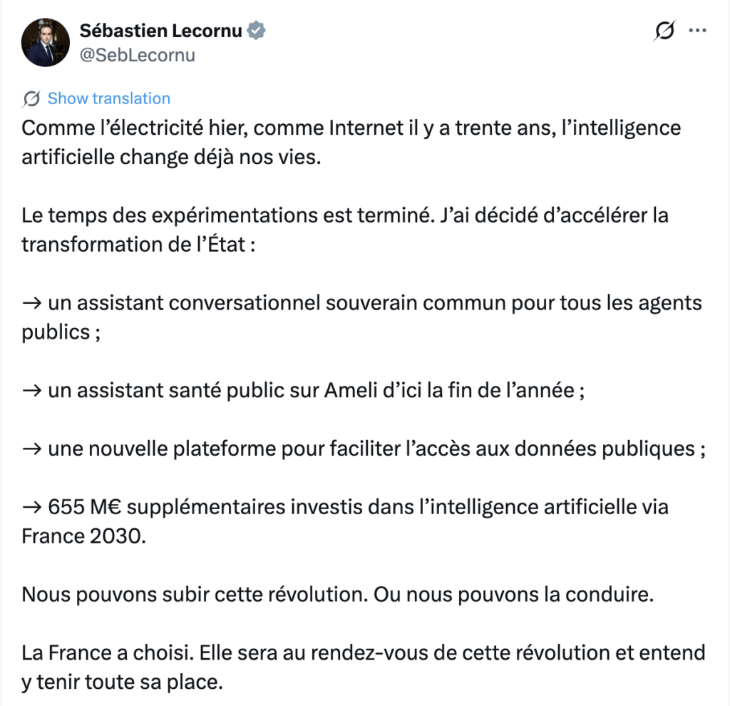 La France a également annoncé investir 655 millions d'euros supplémentaires dans l'IA via France 2030. // Source : @SebLecornu sur X La France a également annoncé investir 655 millions d'euros supplémentaires dans l'IA via France 2030. // Source : @SebLecornu sur X