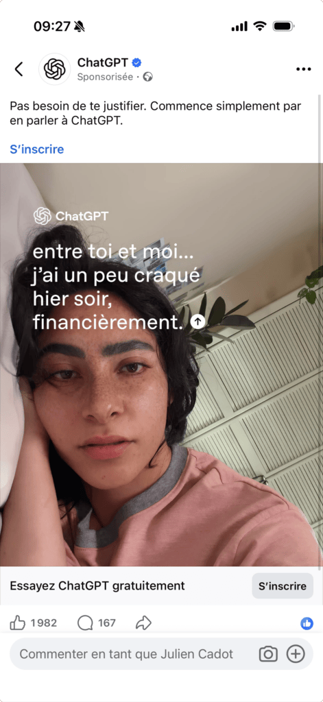 Une publicité récente de ChatGPT, diffusée sur Facebook, joue sur les émotions négatives de ses utilisateurs Une publicité récente de ChatGPT, diffusée sur Facebook, joue sur les émotions négatives de ses utilisateurs