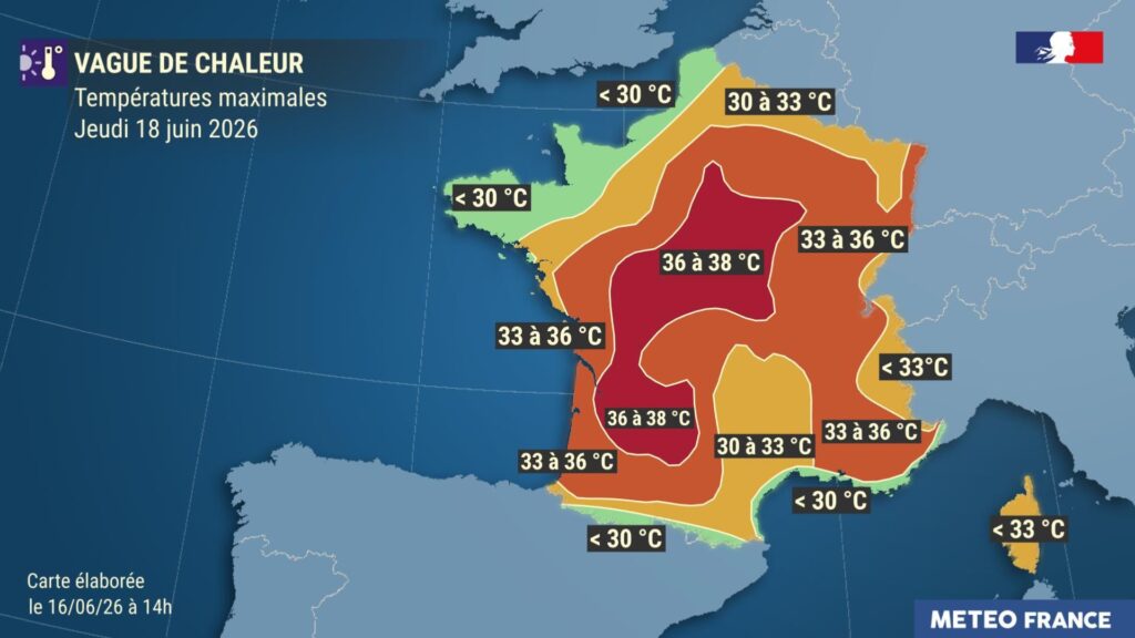 Prévisions pour la journée du jeudi 18 juin 2026. // Source : Via X @meteofrance Prévisions pour la journée du jeudi 18 juin 2026. // Source : Via X @meteofrance