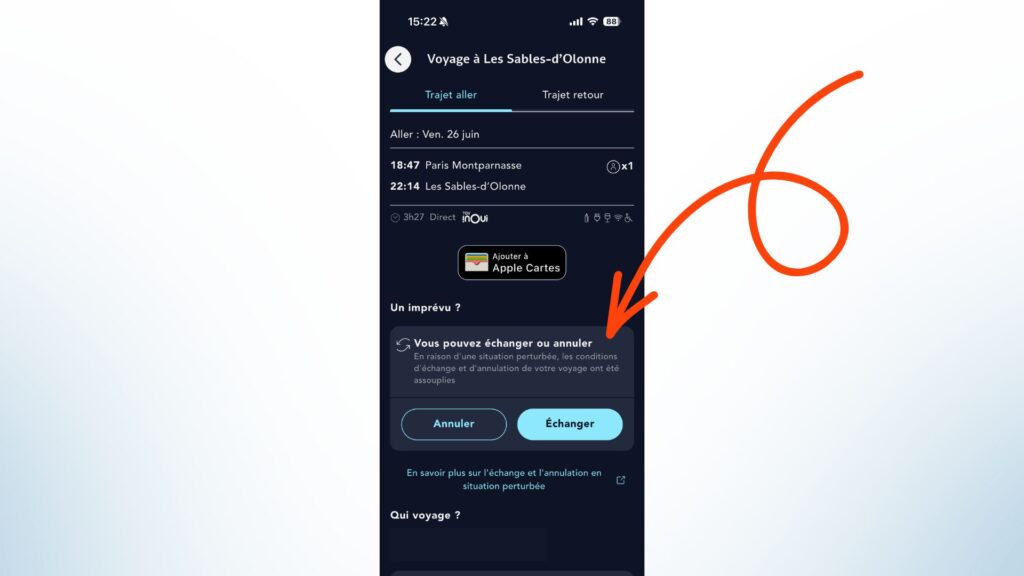 Le message affiché pour se faire rembourser un billet de train, ou l'échanger, sans frais dans SNCF Connect. // Source : Capture d'écran Numerama sur l'app SNCF Connect