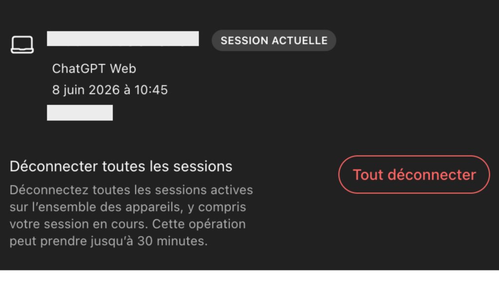 La fonctionnalité « session actives » vous permet, en deux clics, de consulter tous les appareils connectés à votre compte et les désactiver à distance // Source : capture d'écran Numerama