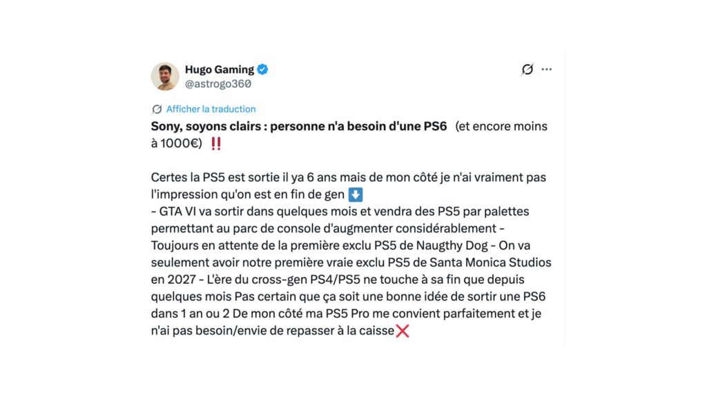 Sur les réseaux sociaux, la rumeur d'une PS6 à plus de 1000 euros ne passe pas. // Source : Hugo Gaming sur X Sur les réseaux sociaux, la rumeur d'une PS6 à plus de 1000 euros ne passe pas. // Source : Hugo Gaming sur X