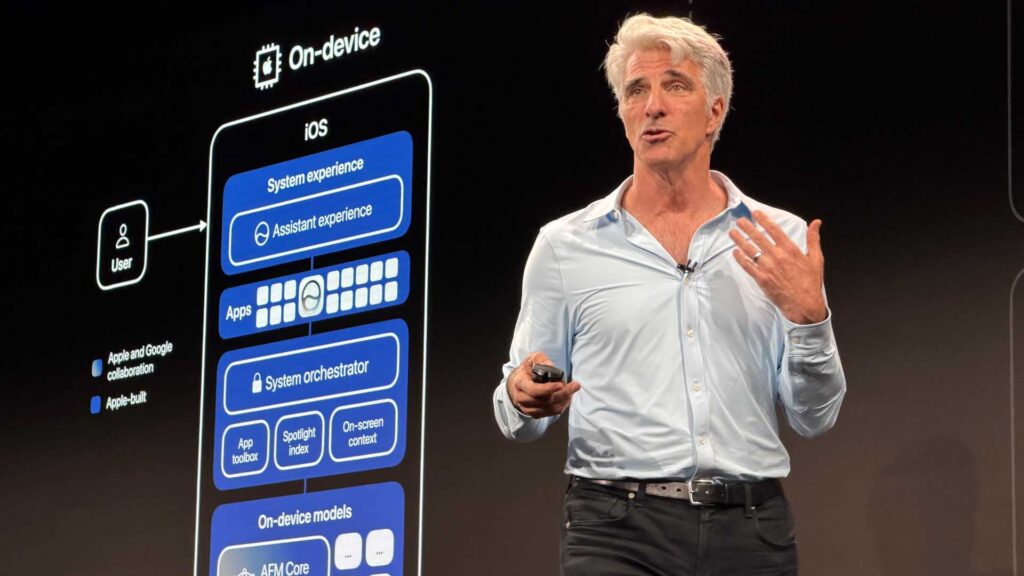 Craig Federighi et l'index sémantique d'Apple Intelligence en local. // Source : Numerama Craig Federighi et l'index sémantique d'Apple Intelligence en local. // Source : Numerama