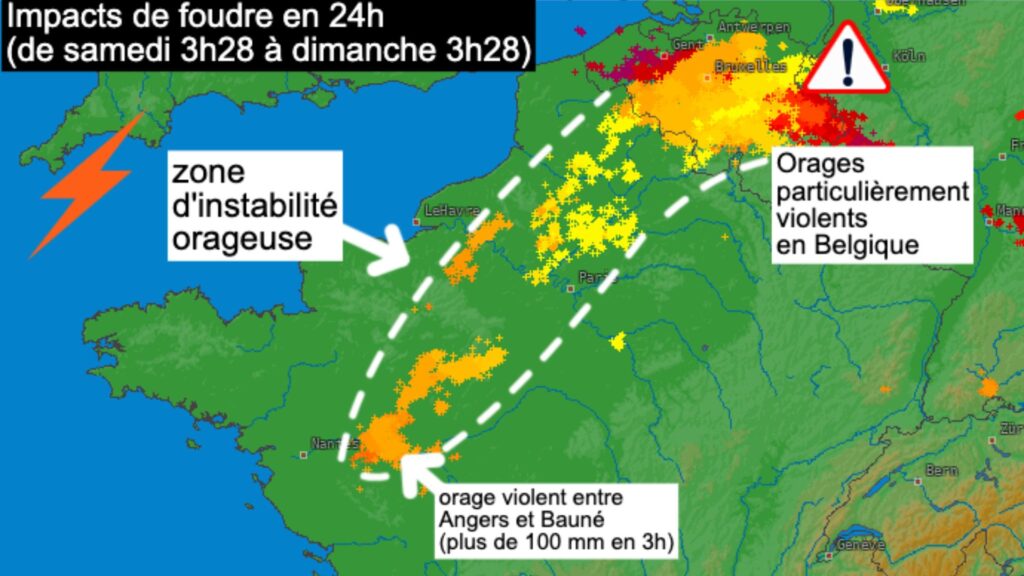 Impacts de foudre enregistrés sur une période de 24 heures, entre samedi 3h28 et dimanche 3h28. // Source : Via X @Méteovilles (Guillaume Séchet) Impacts de foudre enregistrés sur une période de 24 heures, entre samedi 3h28 et dimanche 3h28. // Source : Via X @Méteovilles (Guillaume Séchet)