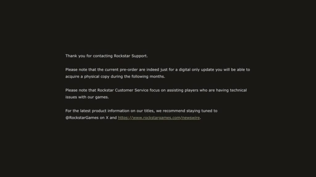 Le message qu'un utilisateur aurait reçu de la part du support de Rockstar. // Source : GTASixInfo sur X