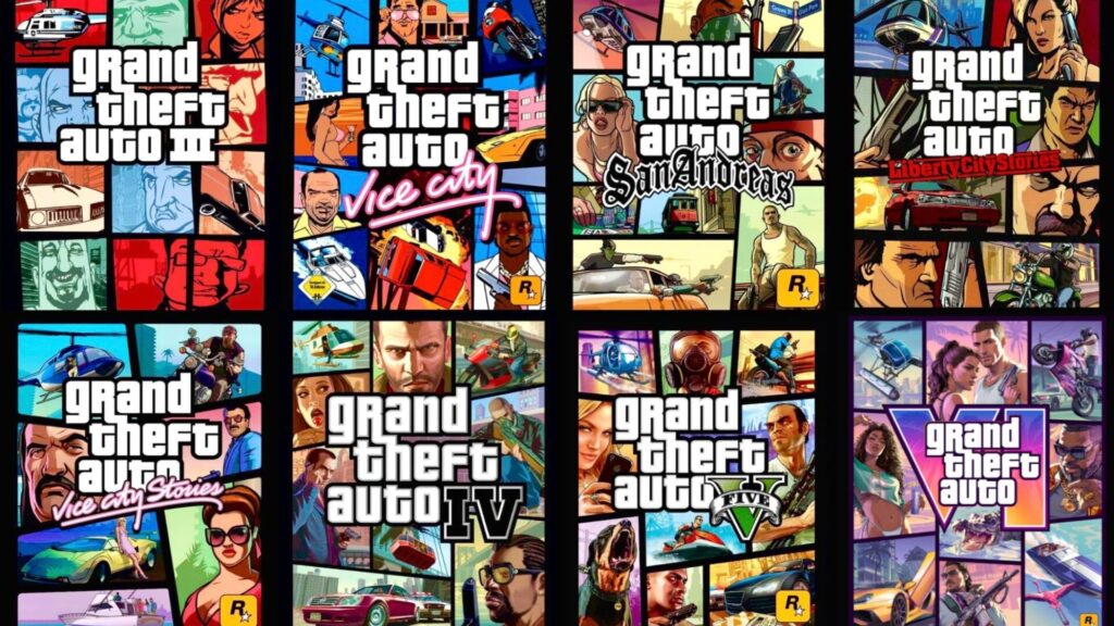LEs jaquettes des épisodes de GTA avec le fameux hélicoptère. // Source : Rockstar Games