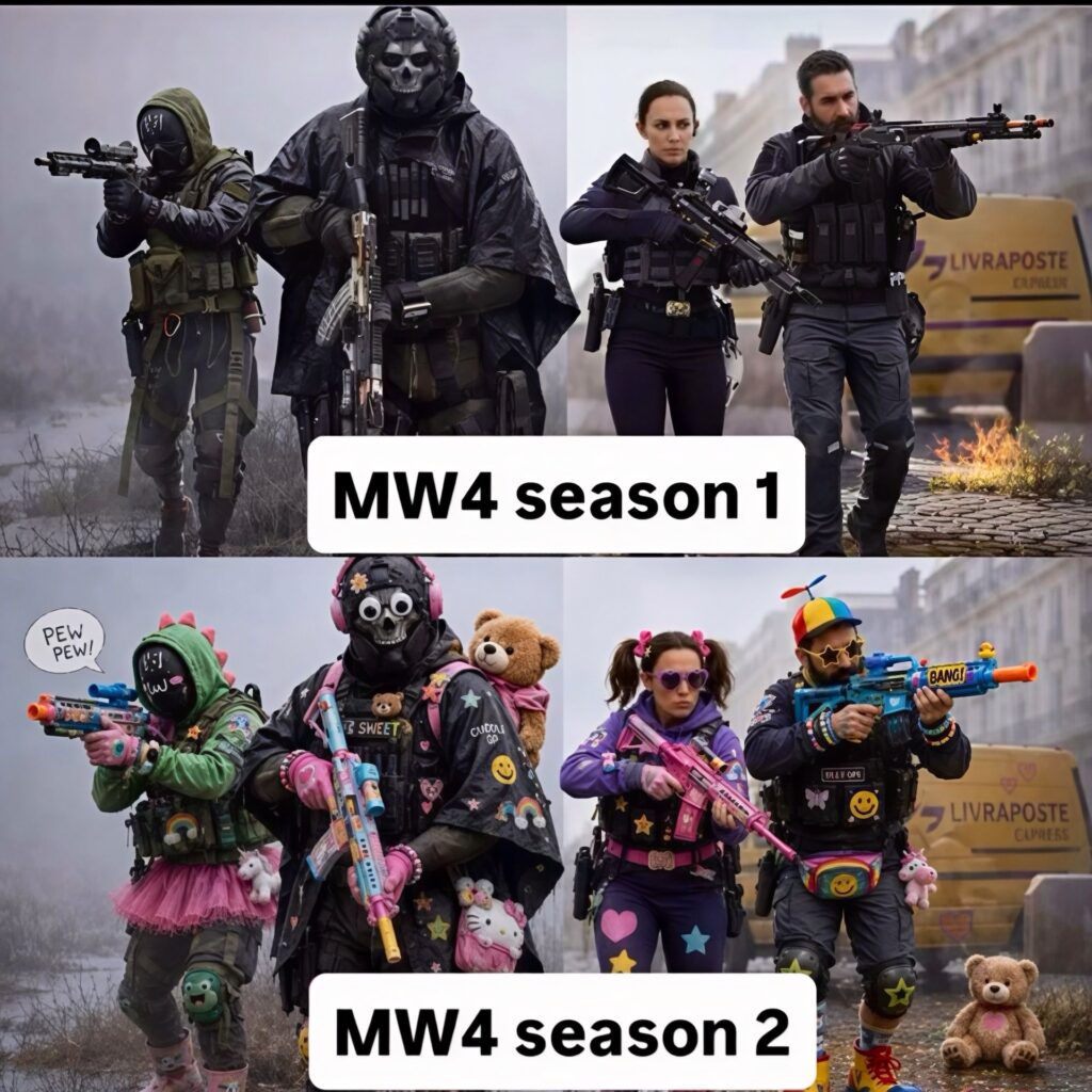Comparaison humoristique pour les skins de Call of Duty: Modern Warfare 4 // Source : Compte X de Hellz Broadcast Network Comparaison humoristique pour les skins de Call of Duty: Modern Warfare 4 // Source : Compte X de Hellz Broadcast Network