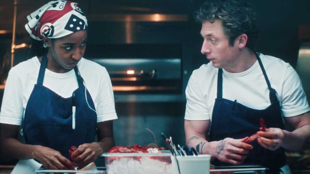 FX's The Bear -- "Mint" -- Season 5, Episode 3 -- Pictured: (l-r) Ayo Edebiri as Sydney Adamu, Jeremy Allen White as Carmen "Carmy" Berzatto. CR: FX FX's The Bear -- "Mint" -- Season 5, Episode 3 -- Pictured: (l-r) Ayo Edebiri as Sydney Adamu, Jeremy Allen White as Carmen "Carmy" Berzatto. CR: FX