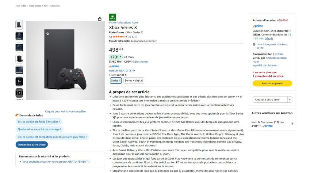 Pas d'option neuve pour la Xbox Series X sur Amazon ce vendredi 26 juin