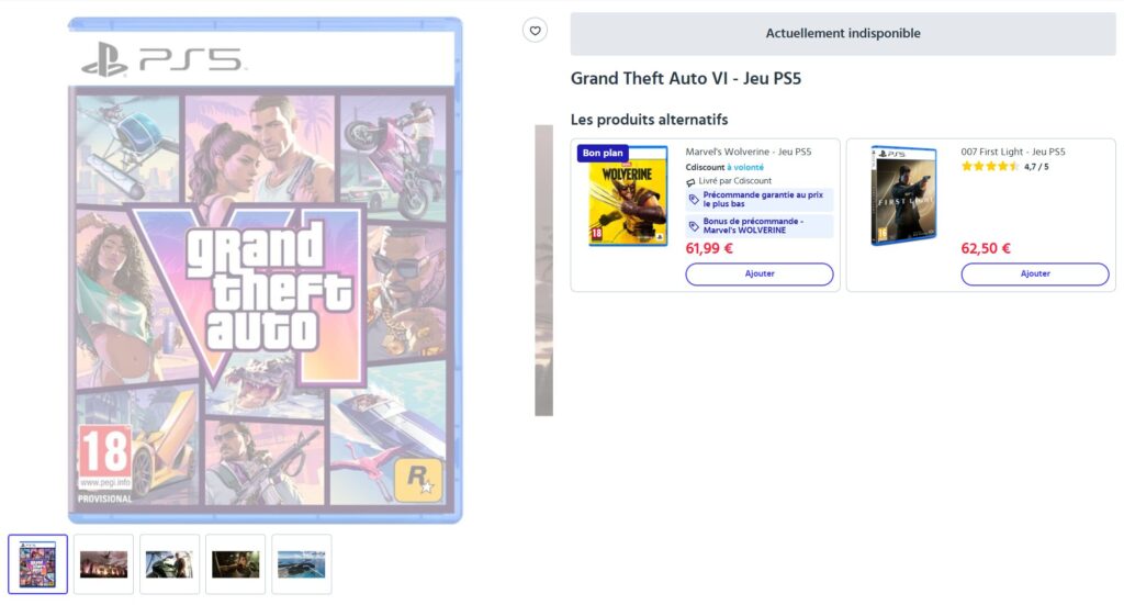 GTA indisponible pour le moment chez Cdiscount