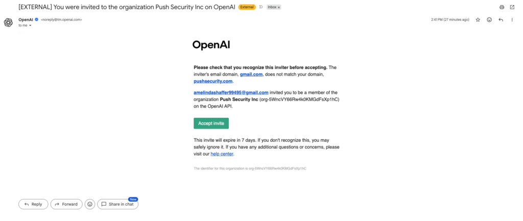 Mail provenant des serveurs d'OpenAI reçu par les équipes de Push Security // Source : Push Security
