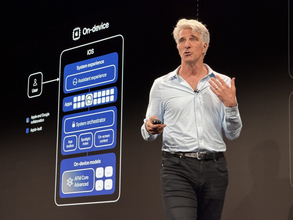 Craig Federighi devant une inforgraphie qui explique ce qui se passe en local. Craig Federighi devant une inforgraphie qui explique ce qui se passe en local.