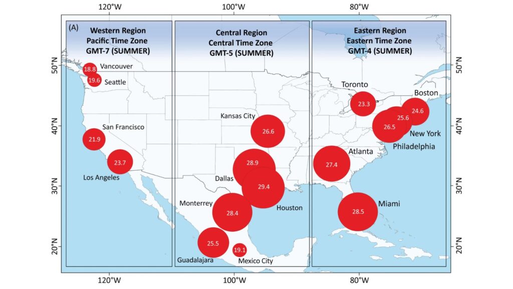 Les 16 villes hôtes et leur indice de chaleur (WBGT) moyen l'après-midi, entre 12h et 17h, en juin et juillet (calculé sur la période 2003-2022). // Source : International Journal of Biometeorology Les 16 villes hôtes et leur indice de chaleur (WBGT) moyen l'après-midi, entre 12h et 17h, en juin et juillet (calculé sur la période 2003-2022). // Source : International Journal of Biometeorology