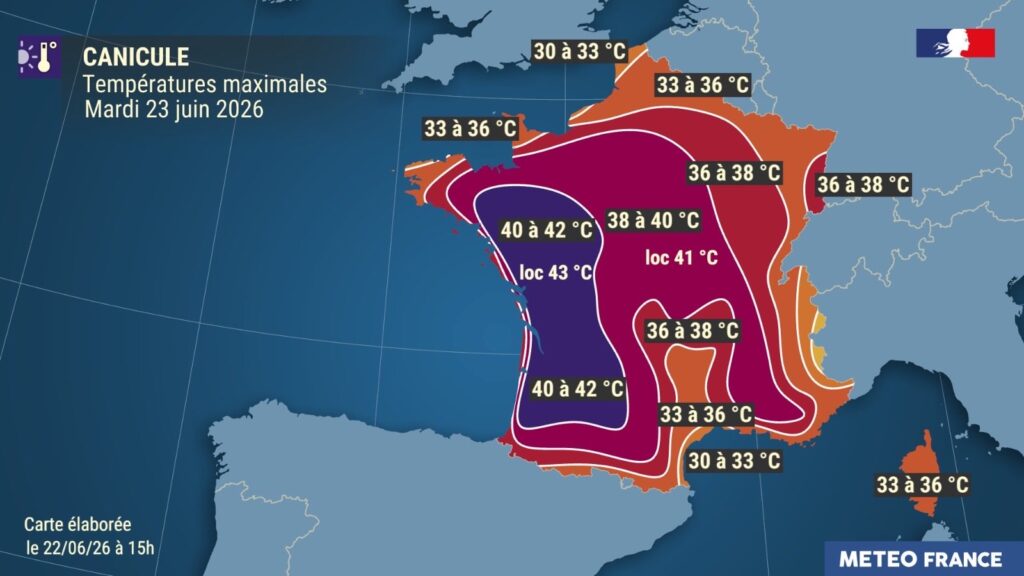 Prévisions pour le 22 juin 2026. // Source : Via X @meteofrance Prévisions pour le 22 juin 2026. // Source : Via X @meteofrance