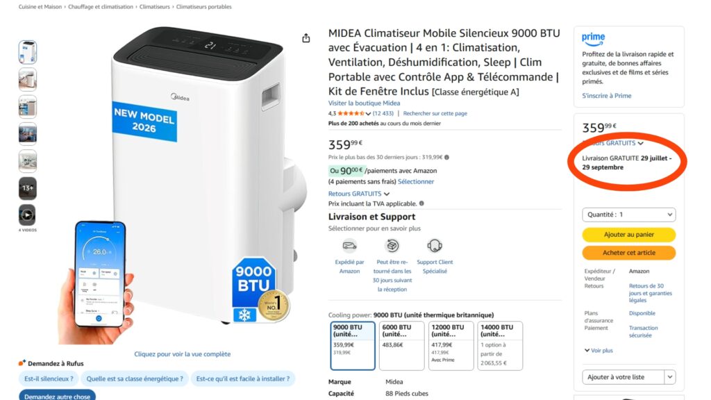 Attention : certains climatiseurs affichent des livraisons en septembre sur Amazon Attention : certains climatiseurs affichent des livraisons en septembre sur Amazon