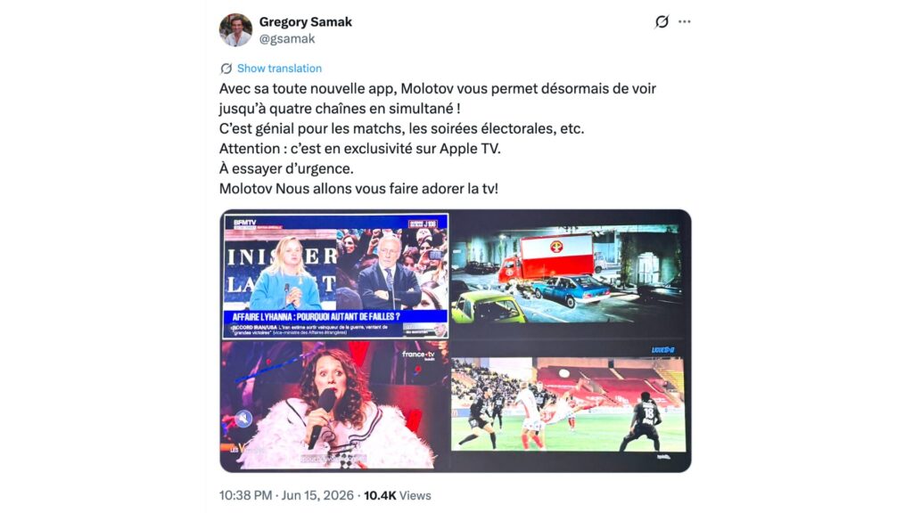 Molotov ajoute à son tour une fonction de Multi View à son application // Source : @gsamak sur X Molotov ajoute à son tour une fonction de Multi View à son application // Source : @gsamak sur X
