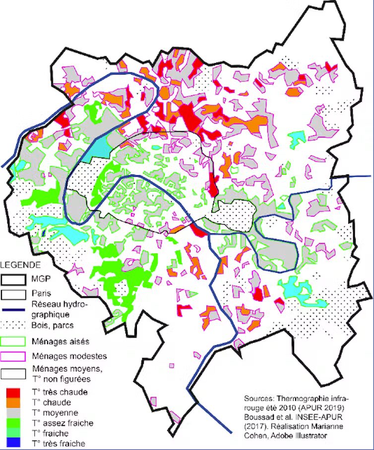 La carte a été réalisée par interprétation visuelle des teintes dominantes de la carte de thermographie d’été de l’APUR à l’intérieur des îlots statistiques de l’Insee (Bouddad et al. 2017). Les zones laissées en blanc sur la carte correspondent soit à des espaces inhabités (zones industrielles et portuaires, aéroports), soit à des quartiers habités par des ménages de catégorie moyenne. // Source : Marianne Cohen La carte a été réalisée par interprétation visuelle des teintes dominantes de la carte de thermographie d’été de l’APUR à l’intérieur des îlots statistiques de l’Insee (Bouddad et al. 2017). Les zones laissées en blanc sur la carte correspondent soit à des espaces inhabités (zones industrielles et portuaires, aéroports), soit à des quartiers habités par des ménages de catégorie moyenne. // Source : Marianne Cohen