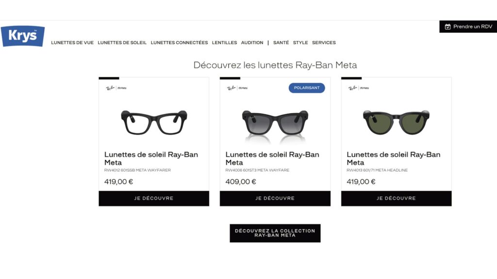Krys propose un large choix de Ray-Ban Meta et peut même les adapter à votre vue // Source : Krys Krys propose un large choix de Ray-Ban Meta et peut même les adapter à votre vue // Source : Krys