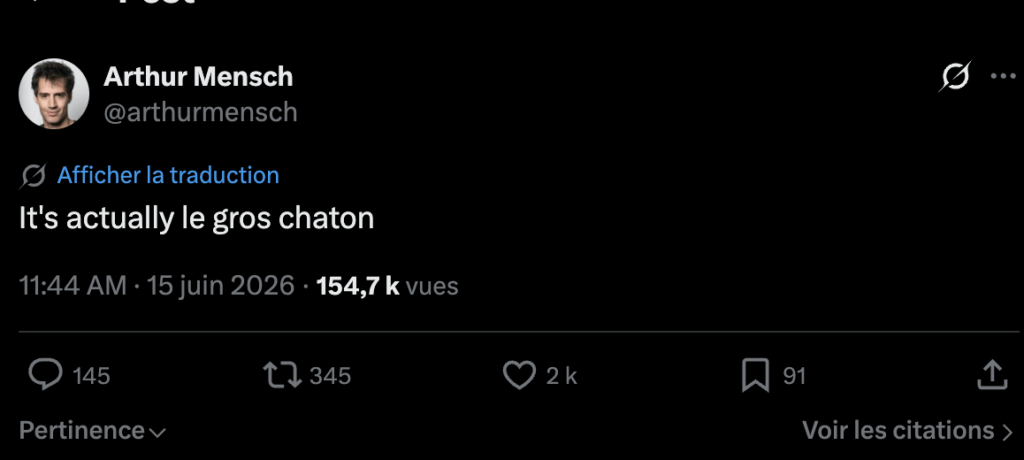 Arthus Mensch, le patron de Mistral AI, a repris Le Gros Chaton dans un tweet.